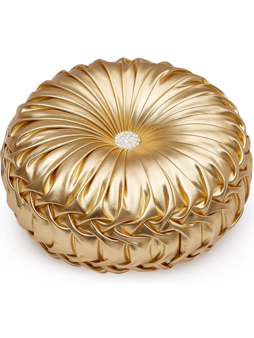 Round Gold Satin Decorative Pillow with Crystal Center